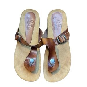 Yokono Shoes Womens Size 6.5 Brown Leather Sandals Toe‎ Post Slide Made In Spain